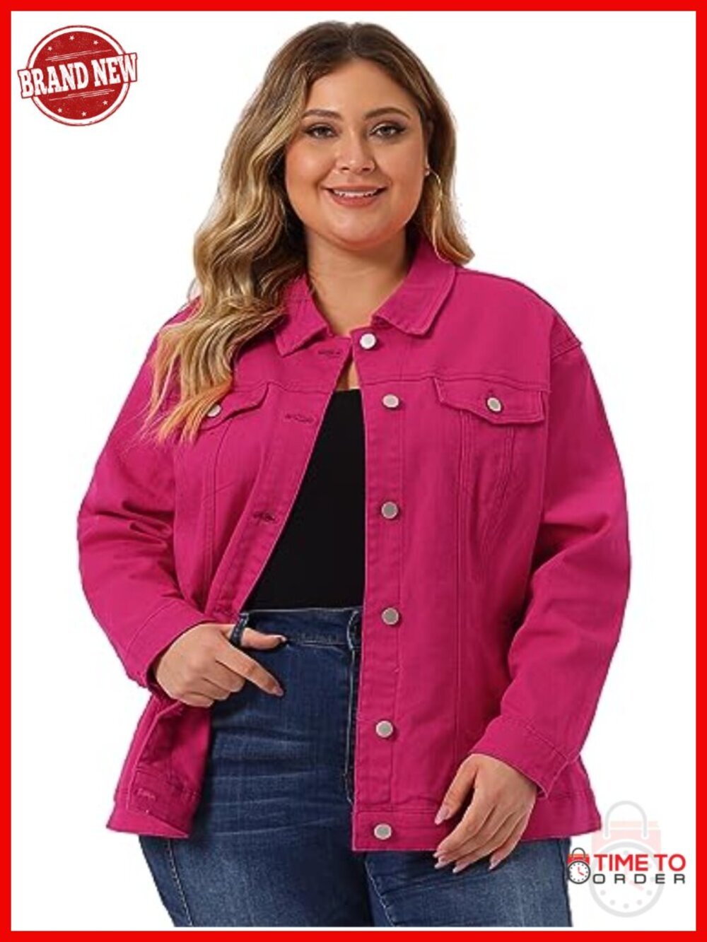 Plus Size Lapel Neck Button Front Long Sleeve Denim Jacket